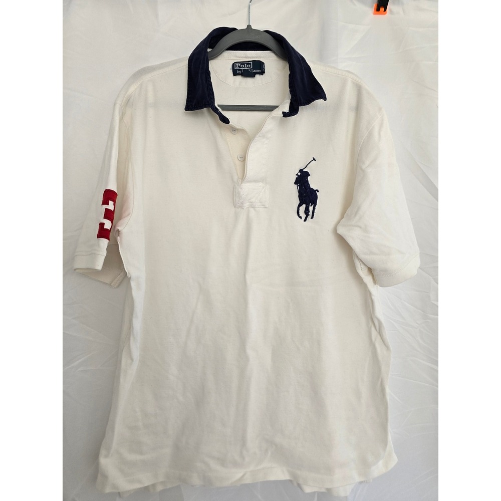 Vintage Polo Ralph Lauren Mens Rugby Shirt White Navy Trim Big Pony Logo Size LT